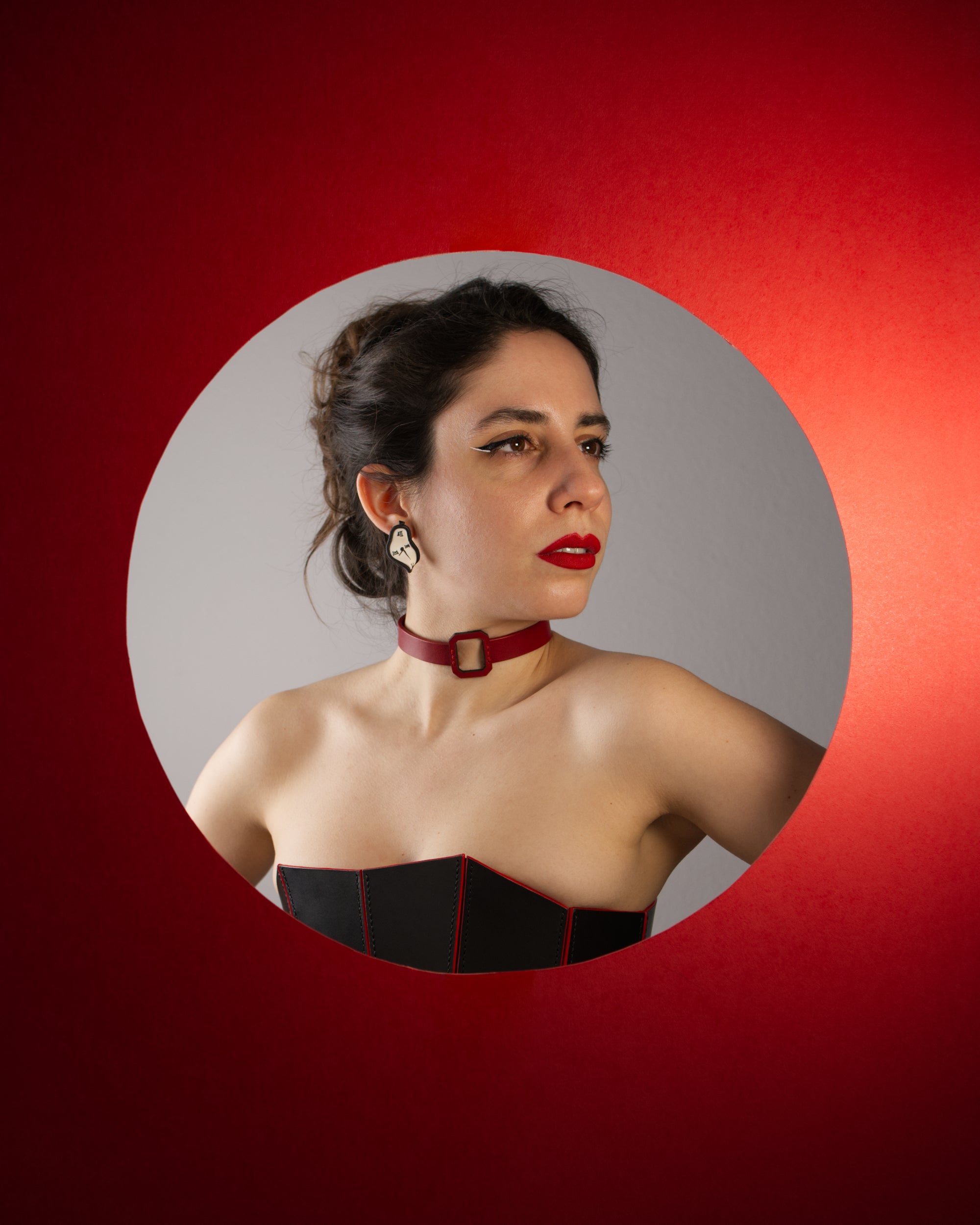 red leather choker with stone cut lasercut detail #color_red