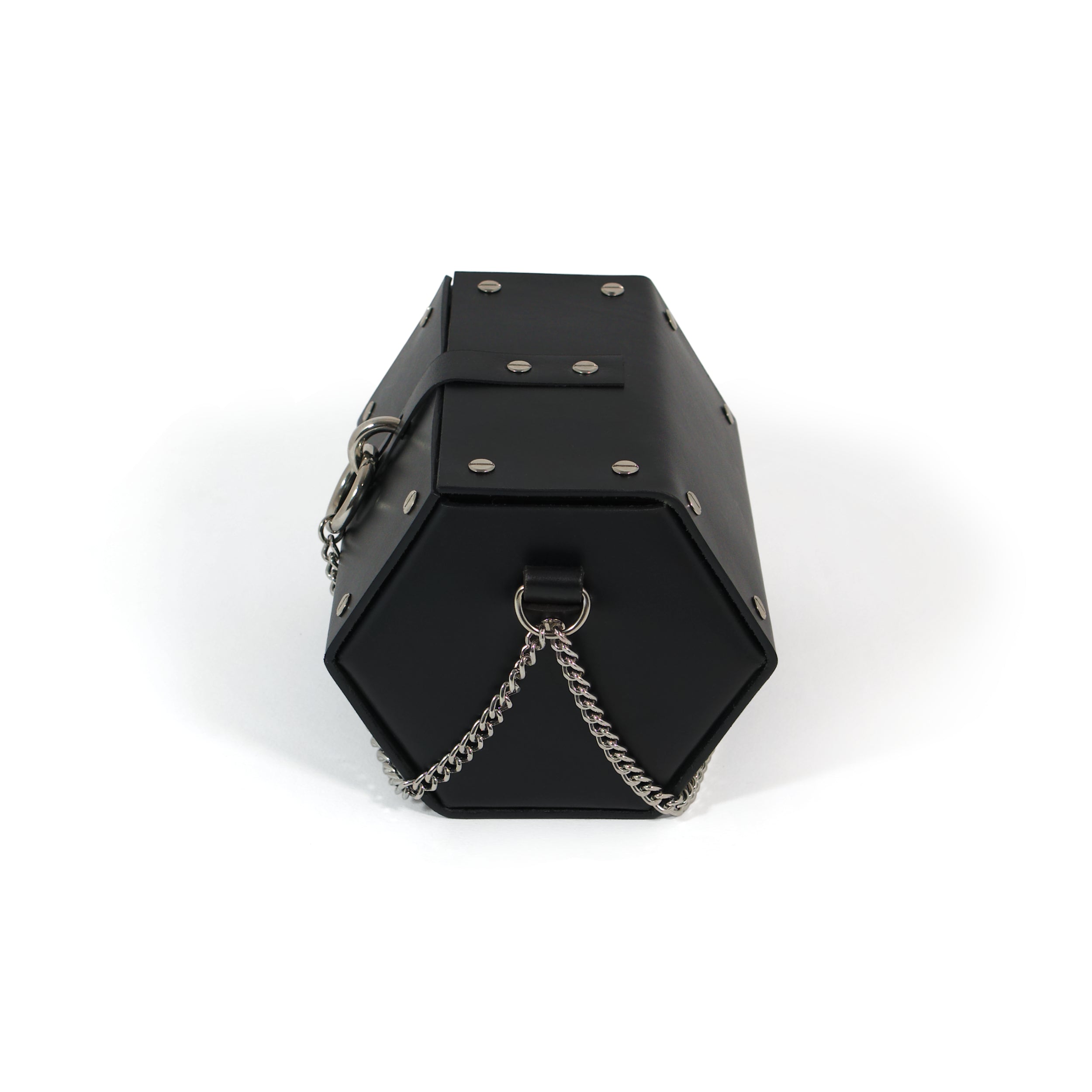 Black leather handbag with metal details and chain shoulder strap