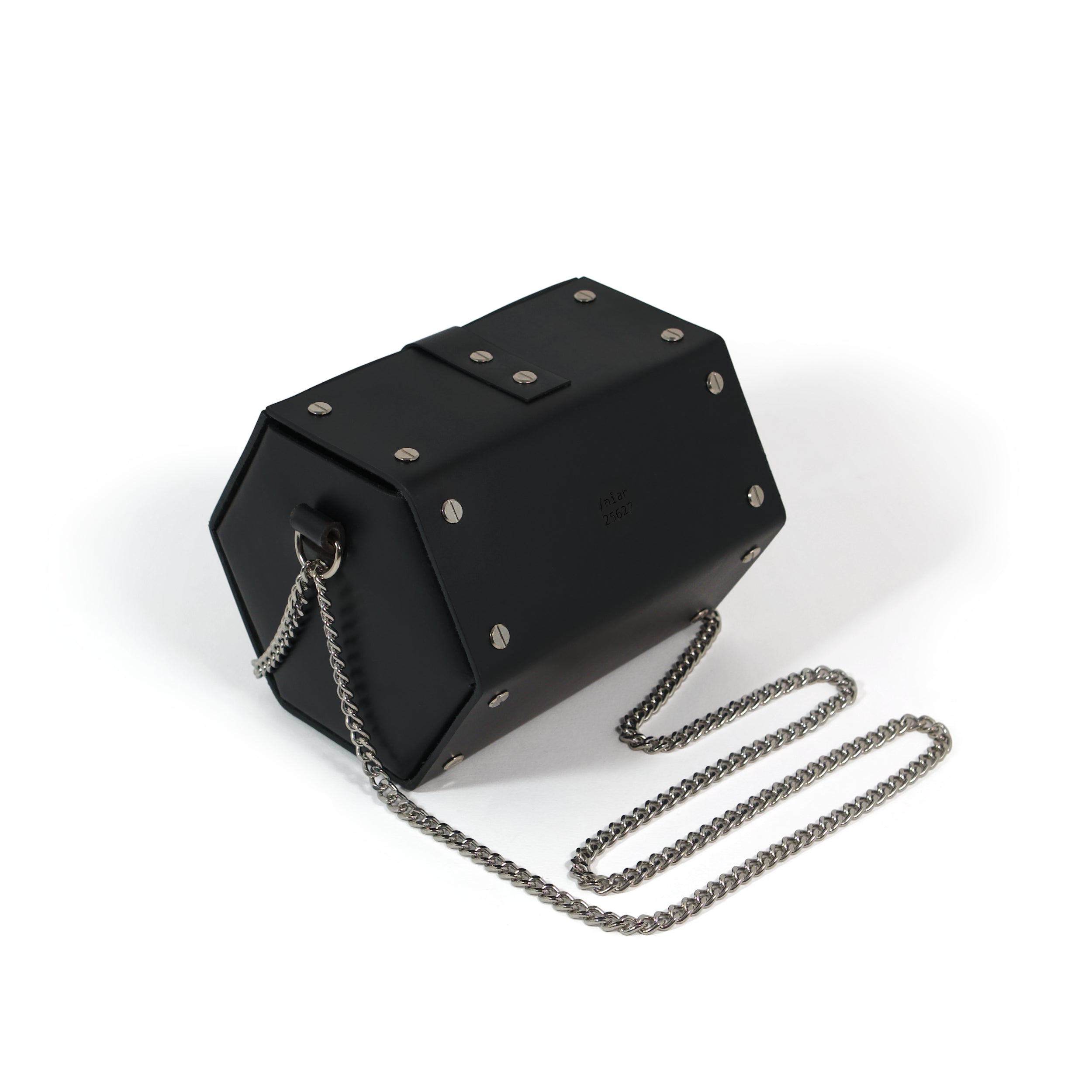 Black leather handbag with metal details and chain shoulder strap