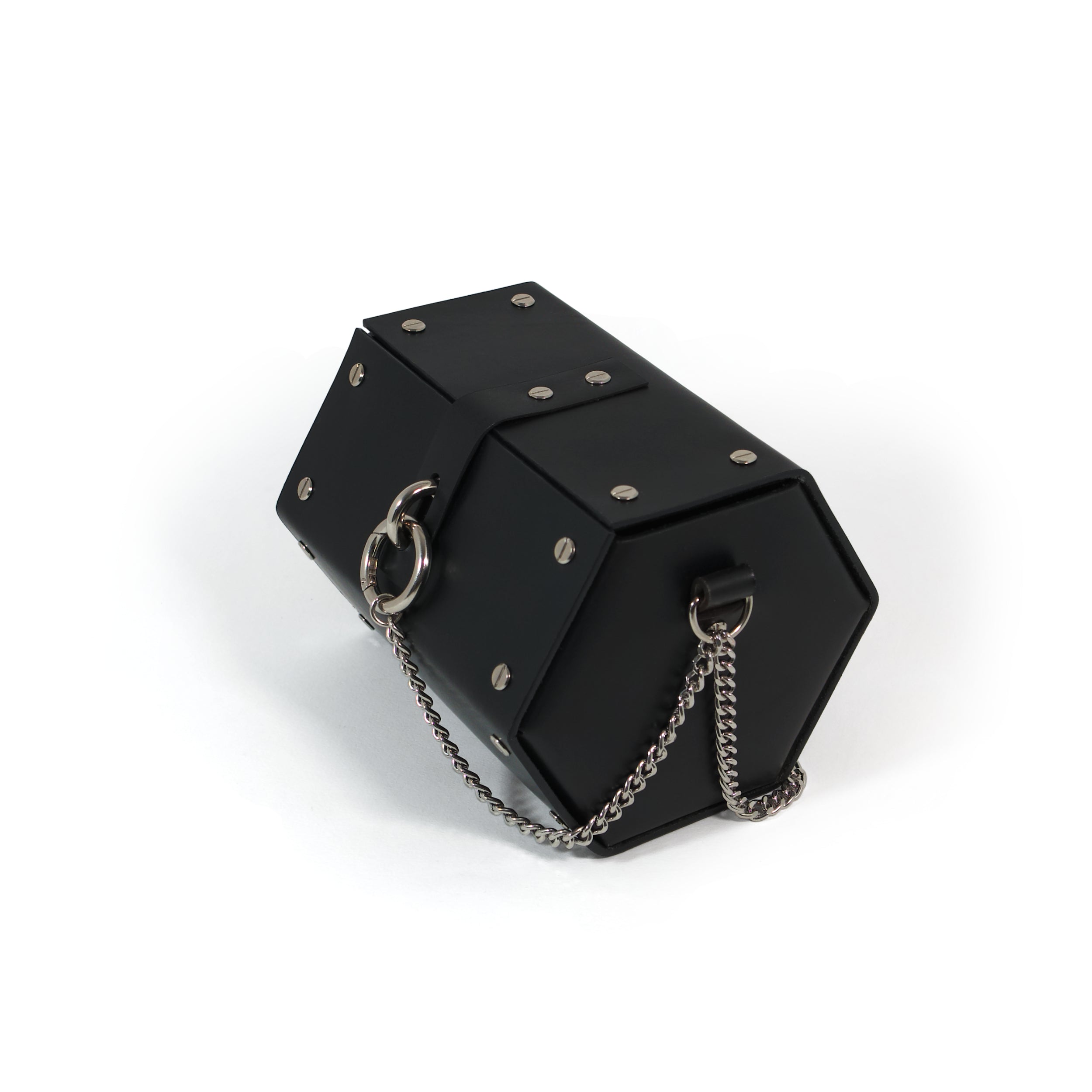 Black leather handbag with metal details and chain shoulder strap