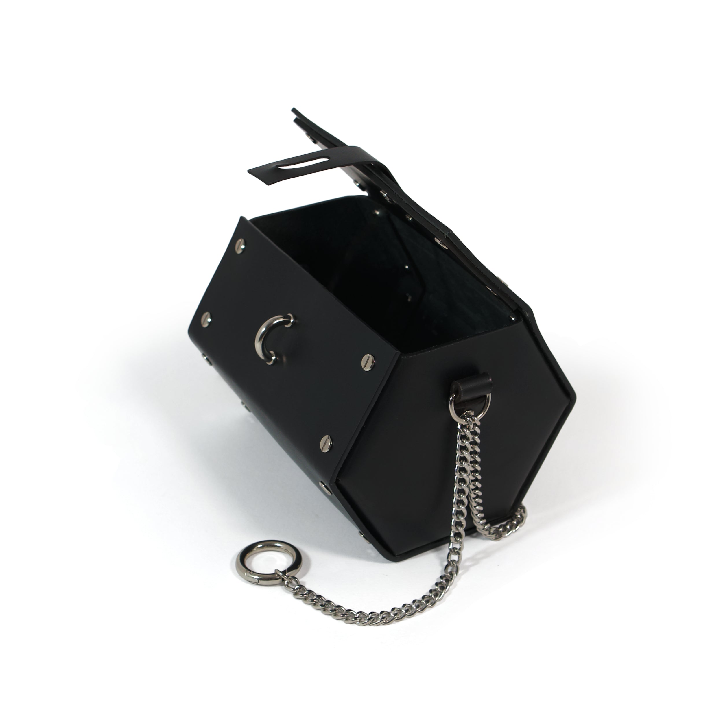 Black leather handbag with metal details and chain shoulder strap