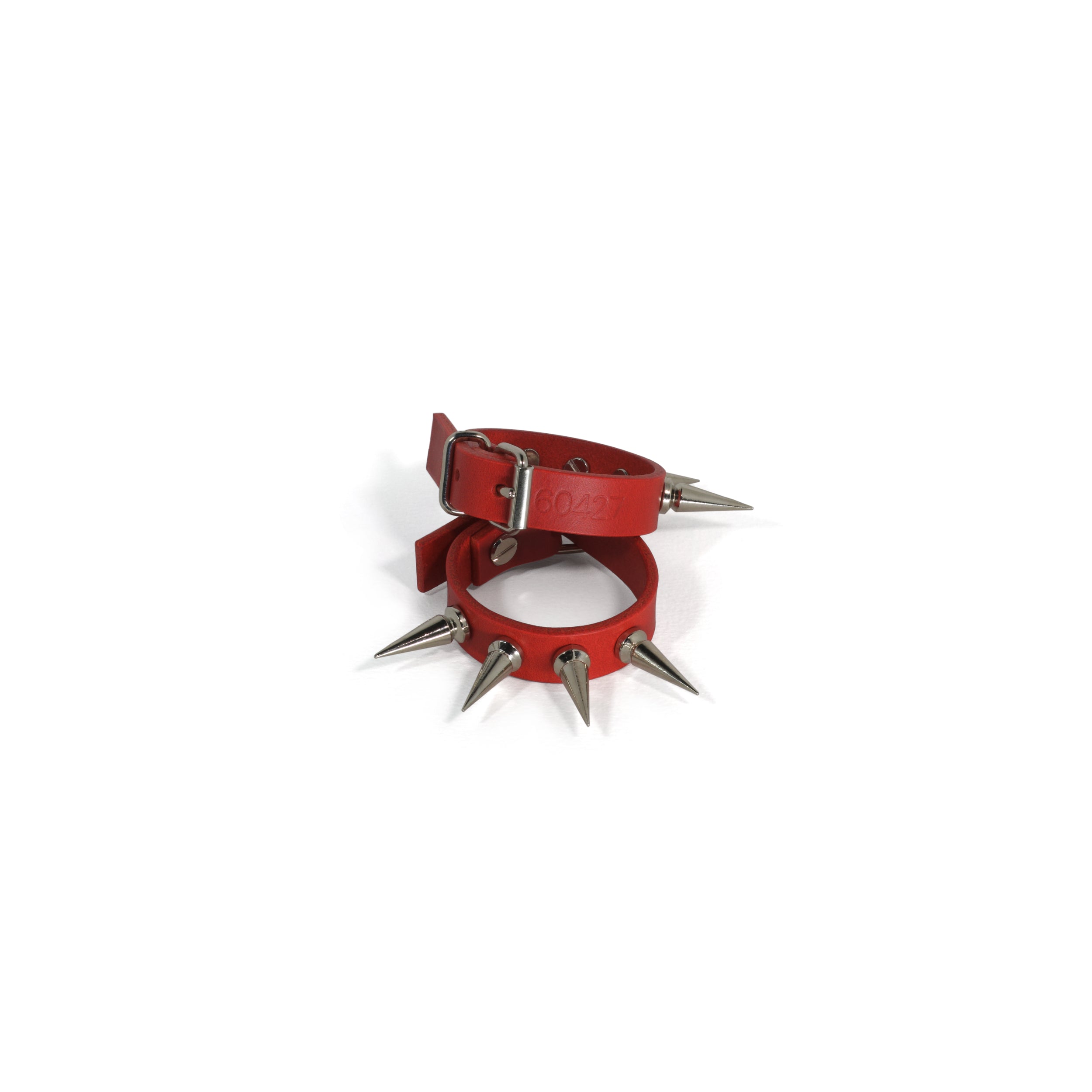 red leather bracelet cuff set with spikes #color_red
