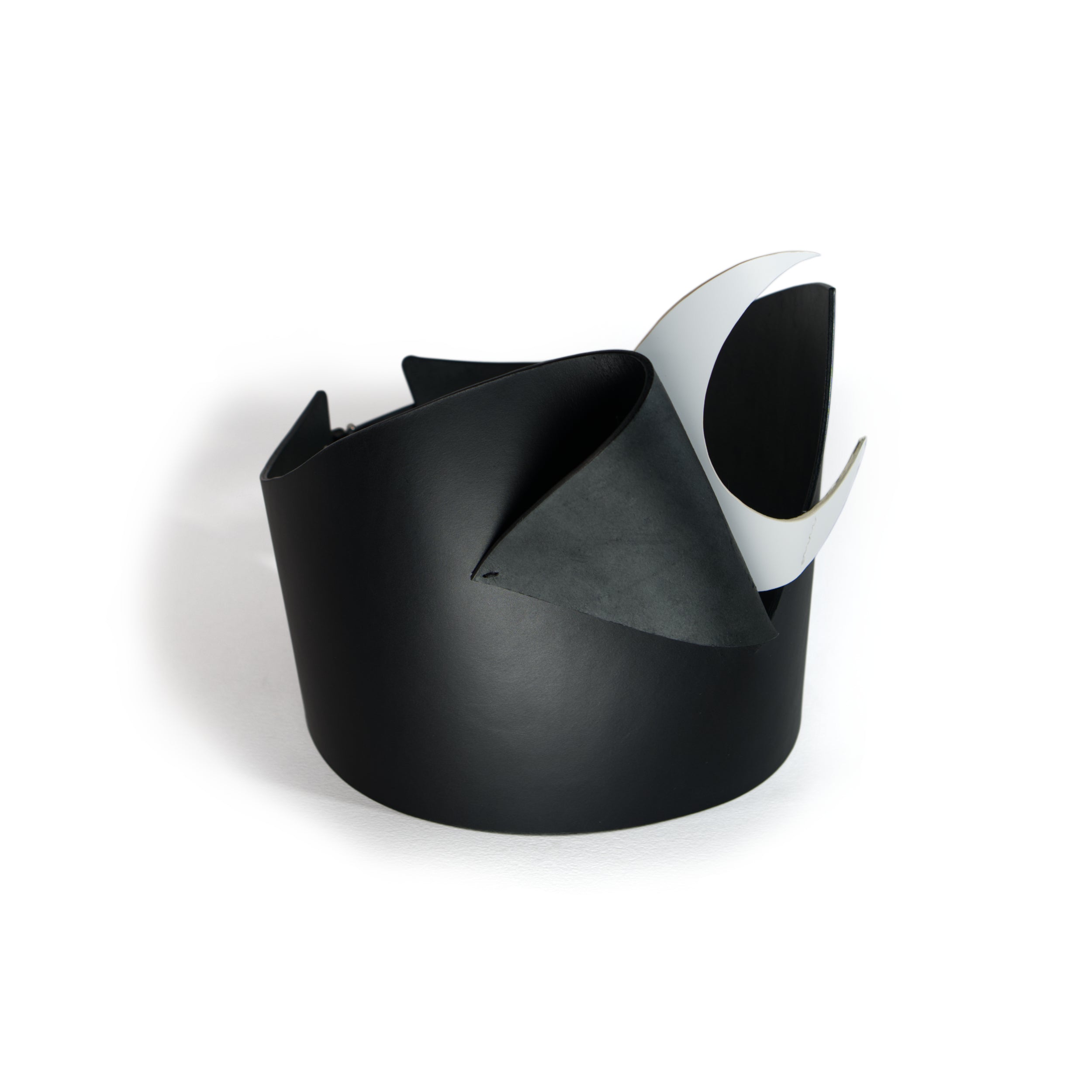 Selene Leather Corset – structured black leather tube corset with central crescent moon cutout and graceful side folds, enhancing the bust; part of the Mythological Entities collection.