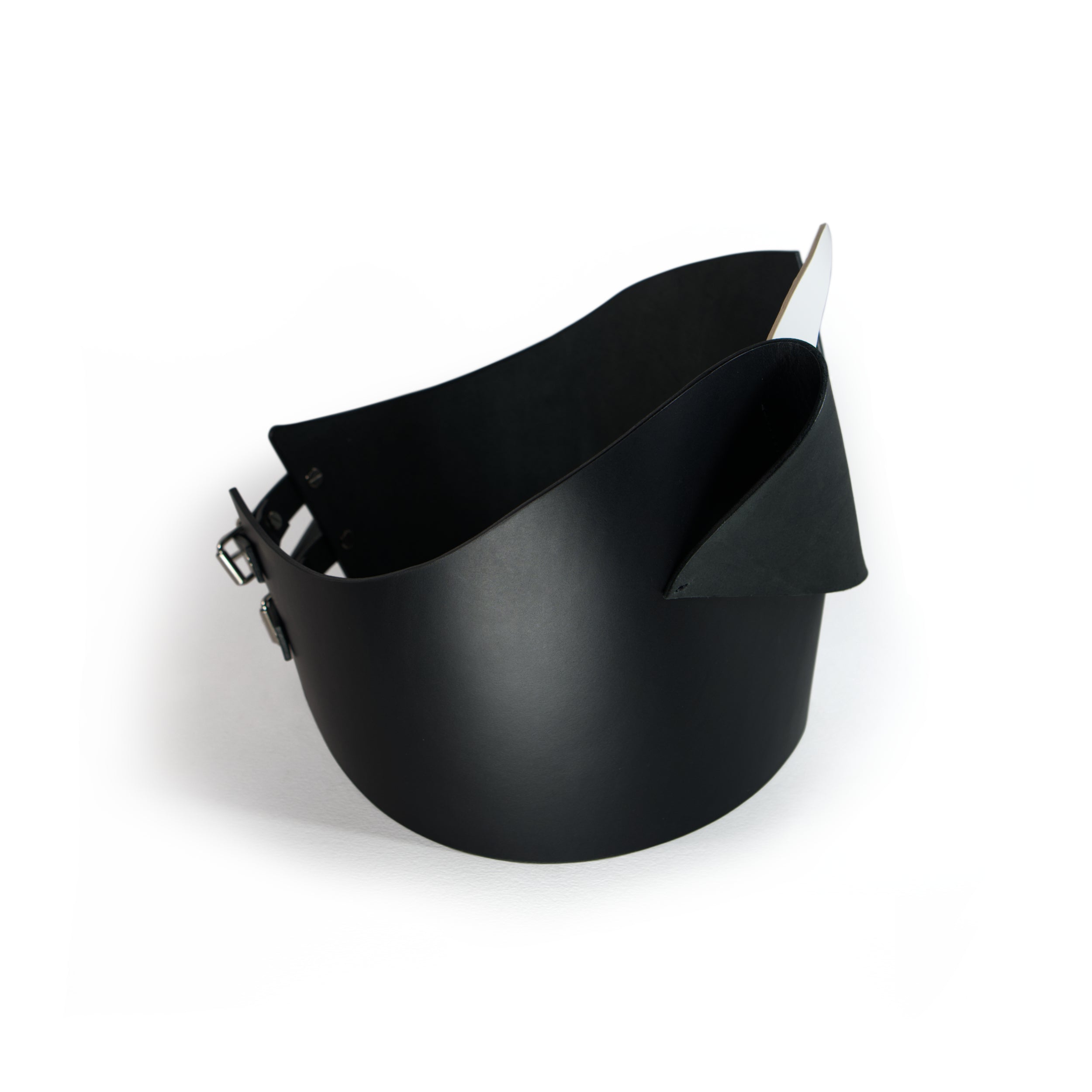 Selene Leather Corset – structured black leather tube corset with central crescent moon cutout and graceful side folds, enhancing the bust; part of the Mythological Entities collection.