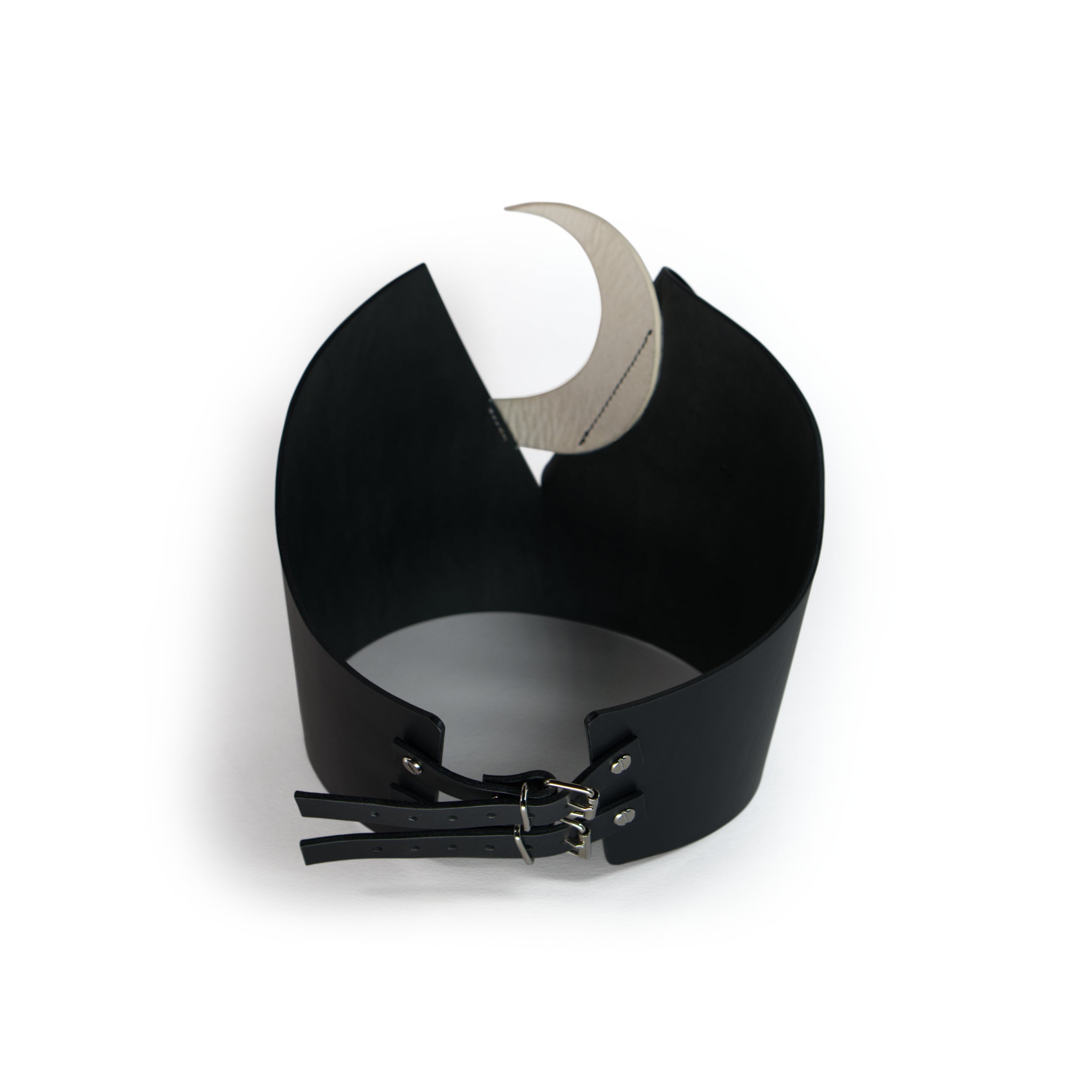 Selene Leather Corset – structured black leather tube corset with central crescent moon cutout and graceful side folds, enhancing the bust; part of the Mythological Entities collection.