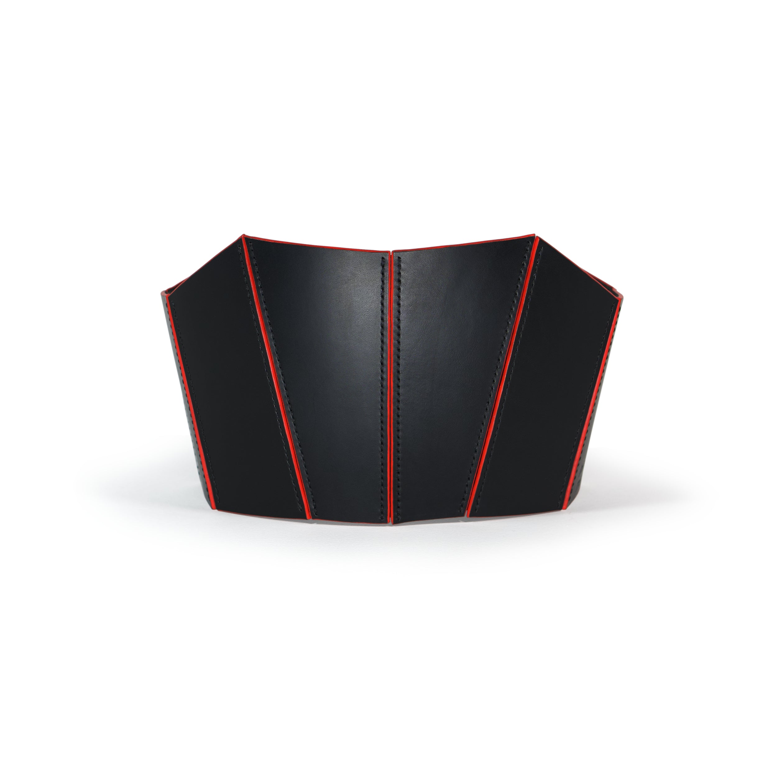 black handstitched leather corset with painted red edges