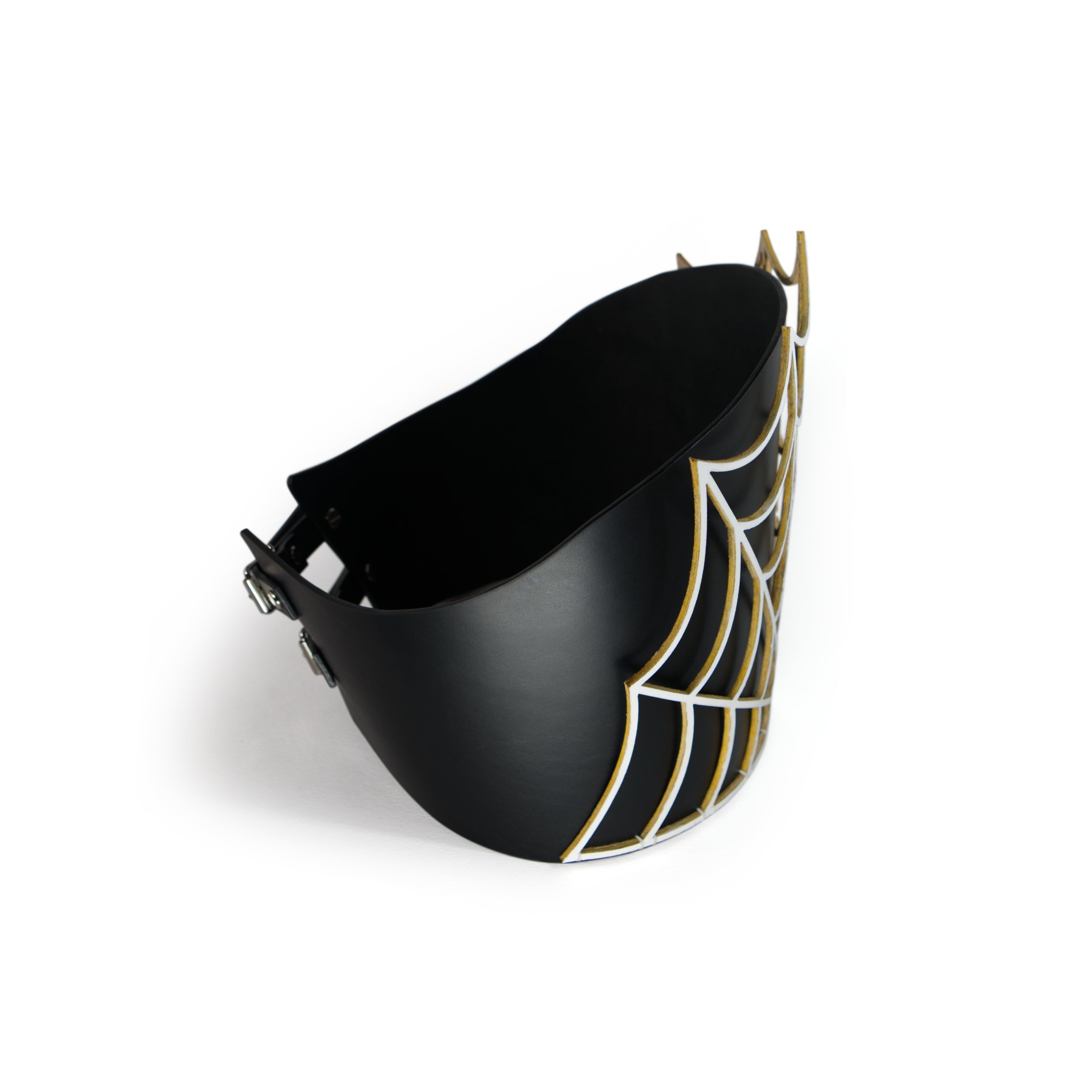 arachne inspired leather corset with lasercut details of spider web