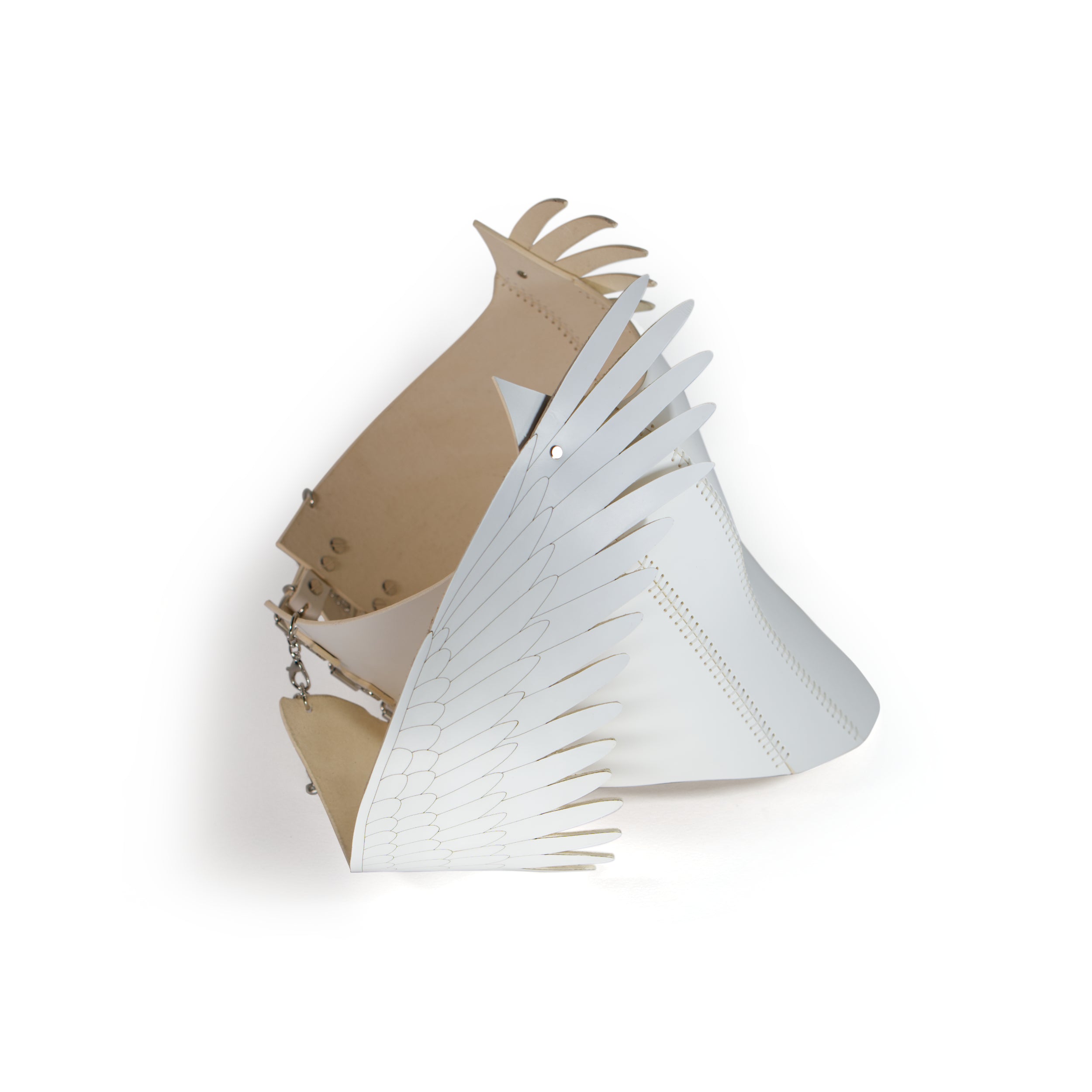 white leather corset inspired by pegasus featuring laserut wings as draping shoulder straps