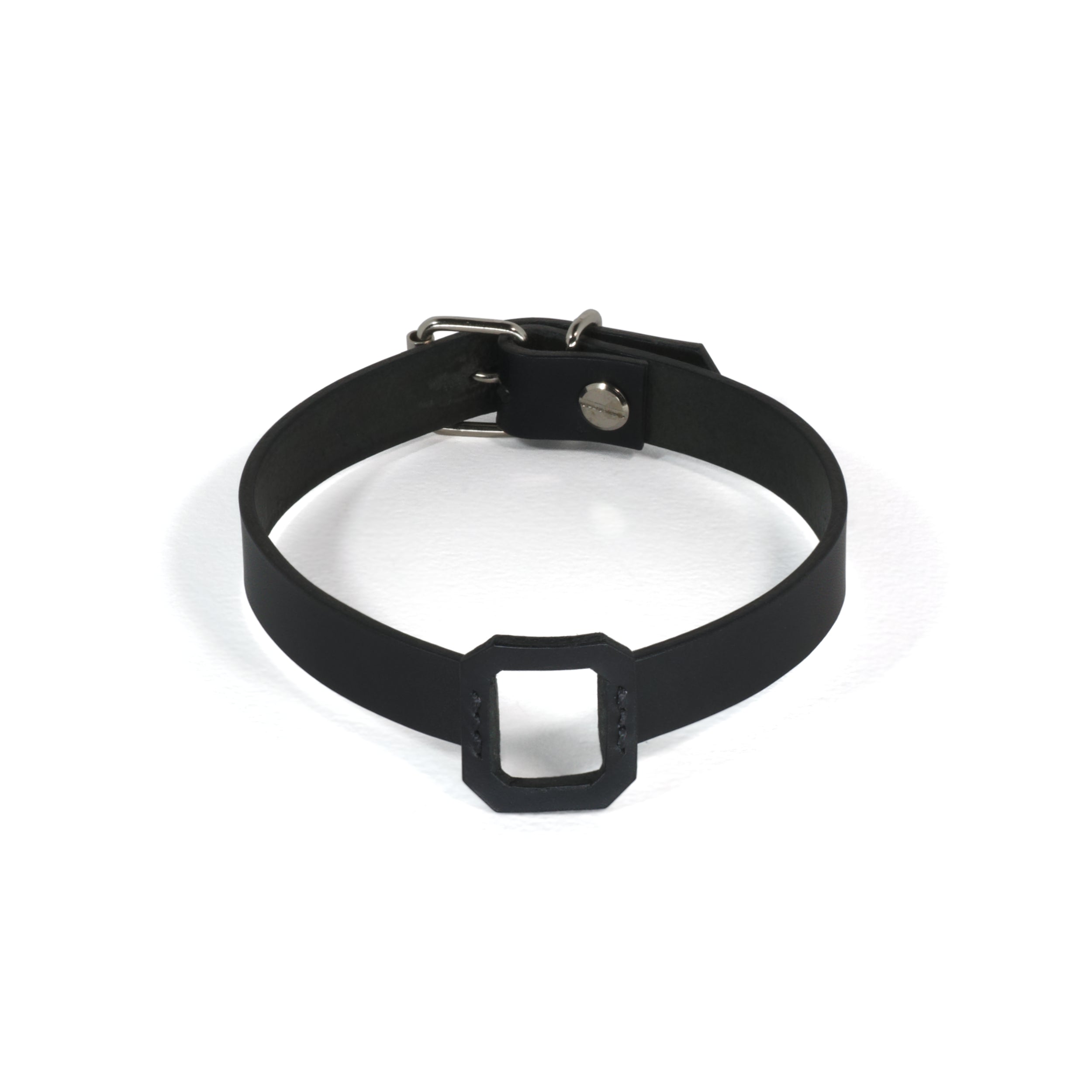 black leather choker with stone cut lasercut detail front #color_black