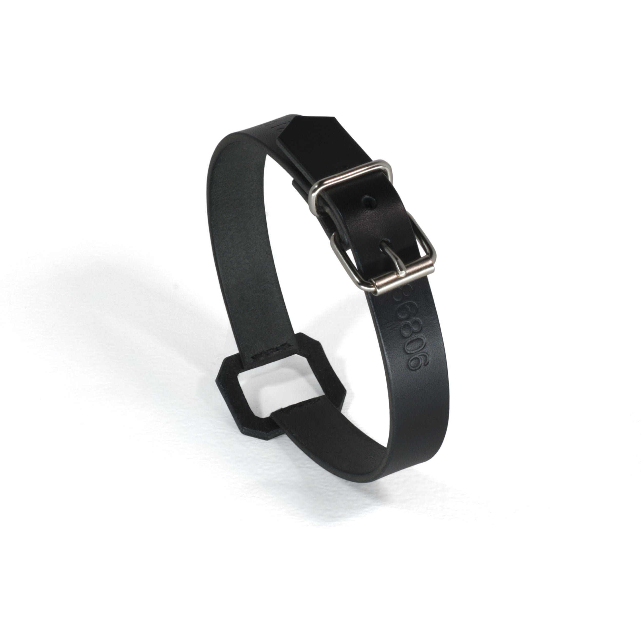 black leather choker with stone cut lasercut detail side #color_black