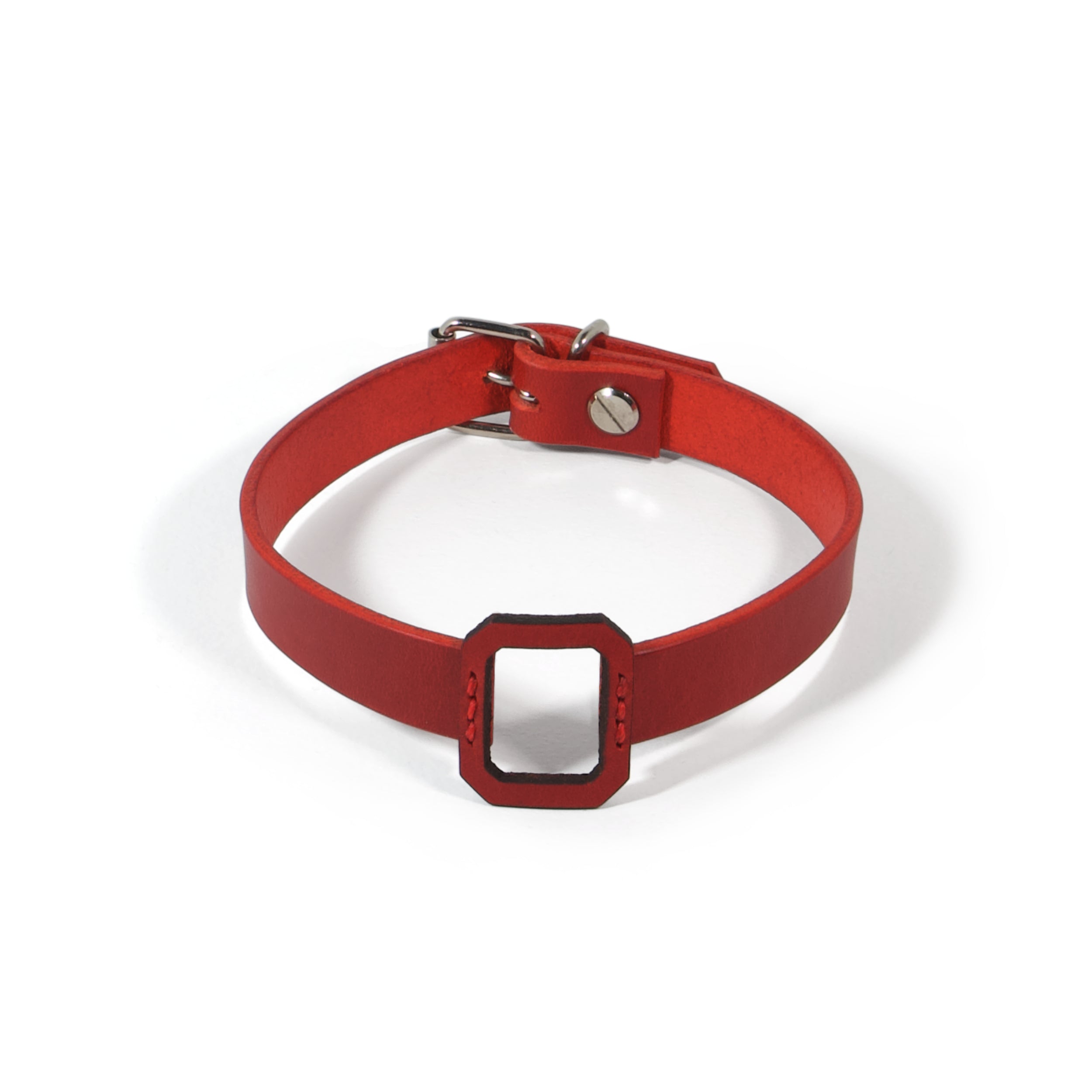 red leather choker with stone cut lasercut detail front #color_red
