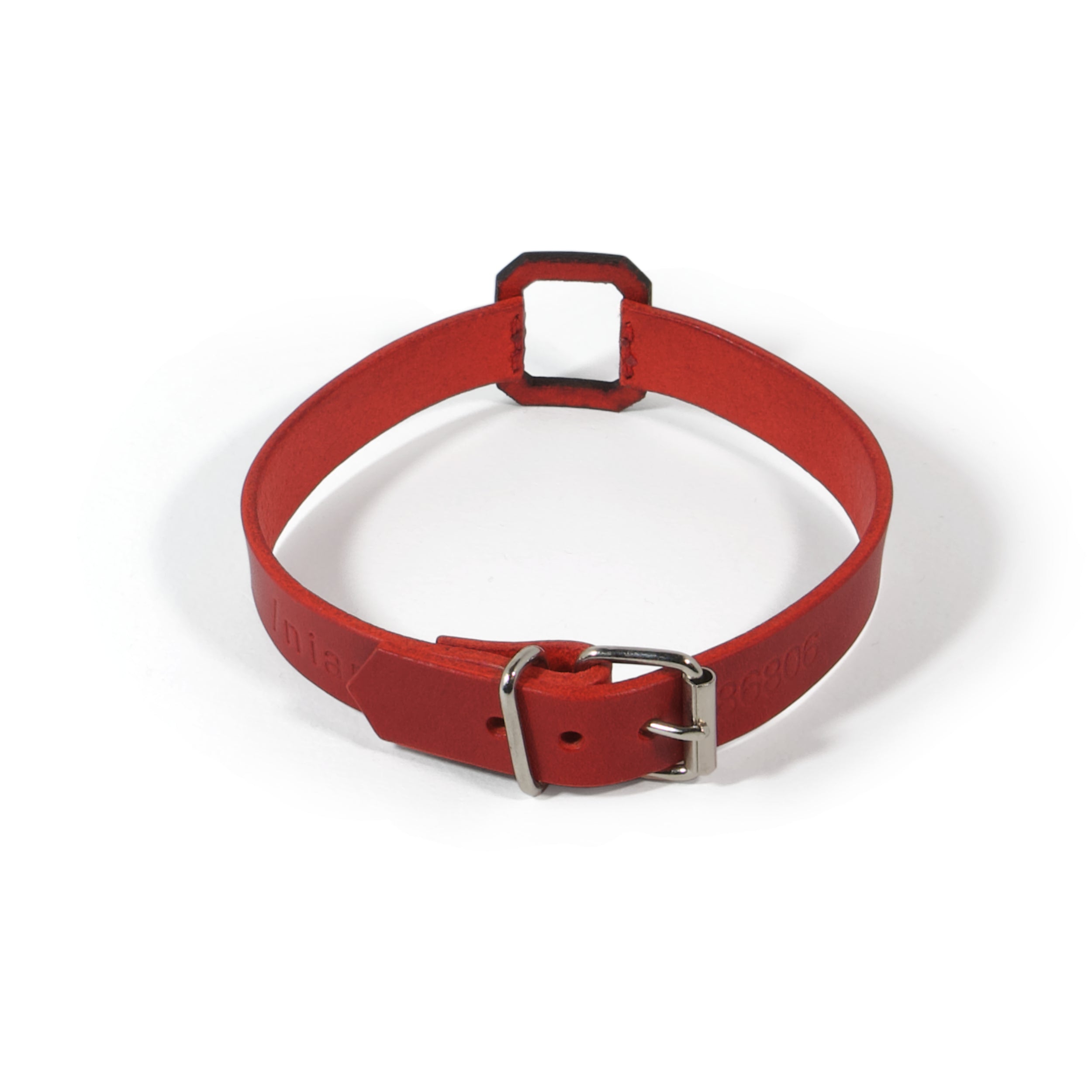 red leather choker with stone cut lasercut detail back #color_red