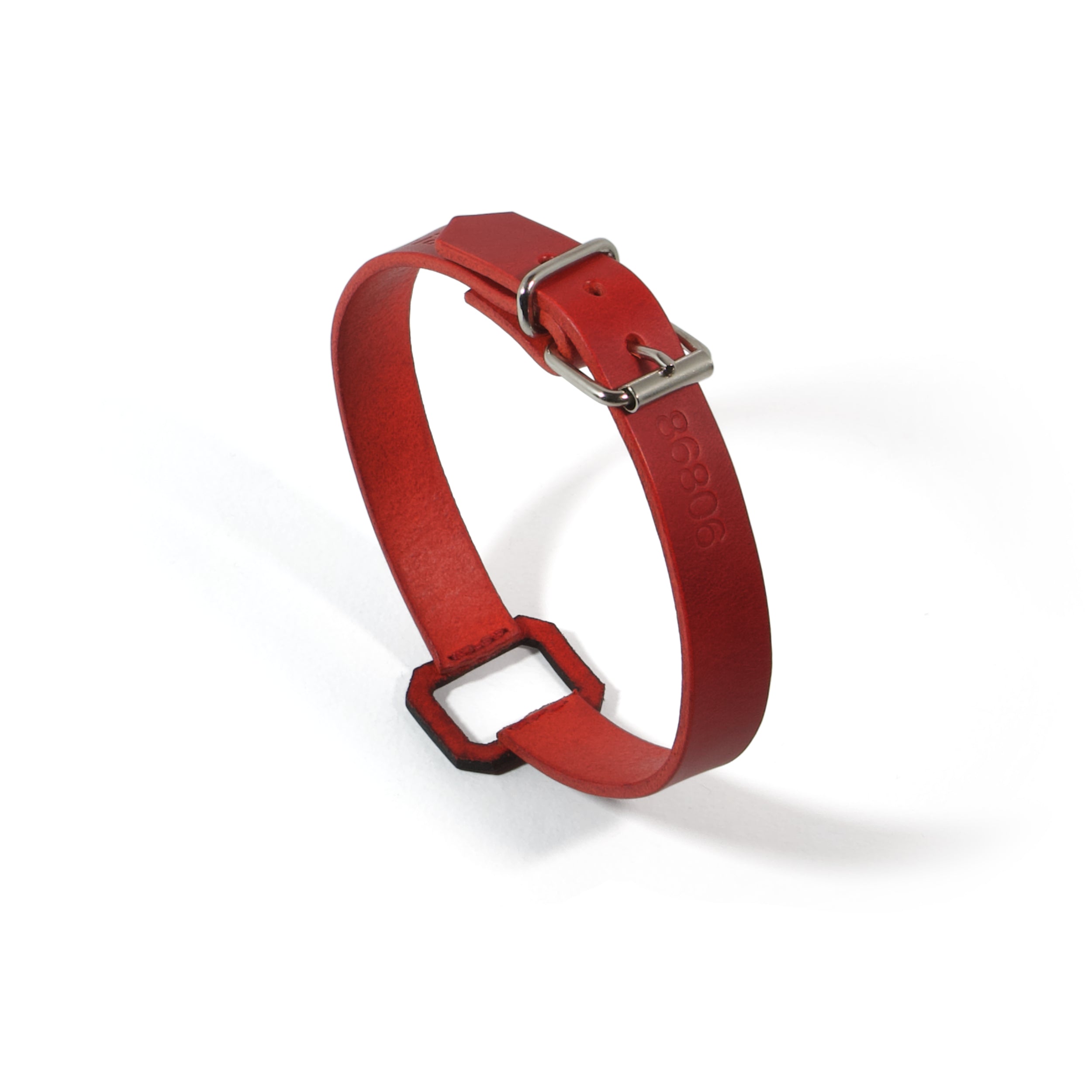 red leather choker with stone cut lasercut detail side #color_red