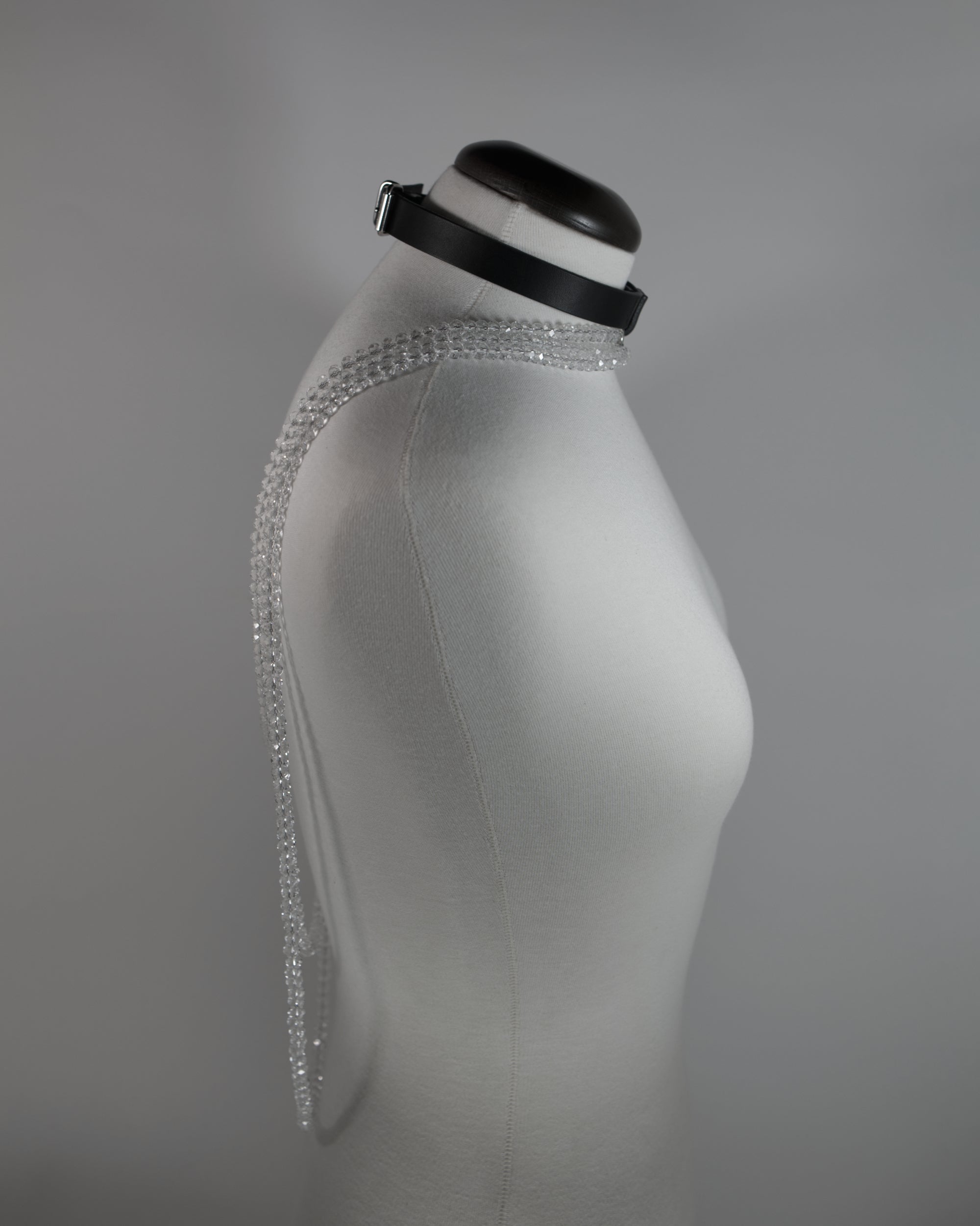black leather choker with crystal strads draping in the back inspired by the selene goddess