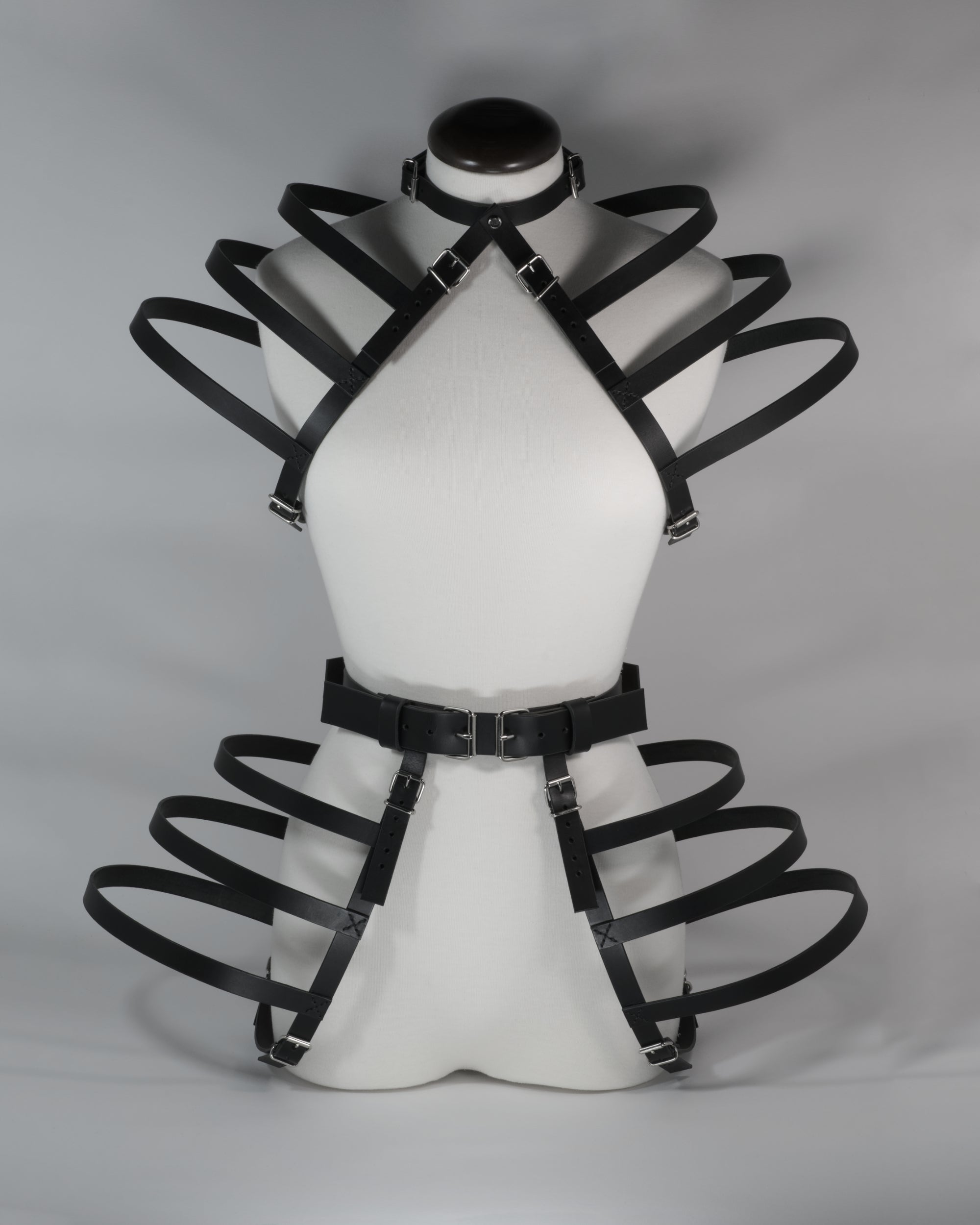 set black leather harness belt avant garde