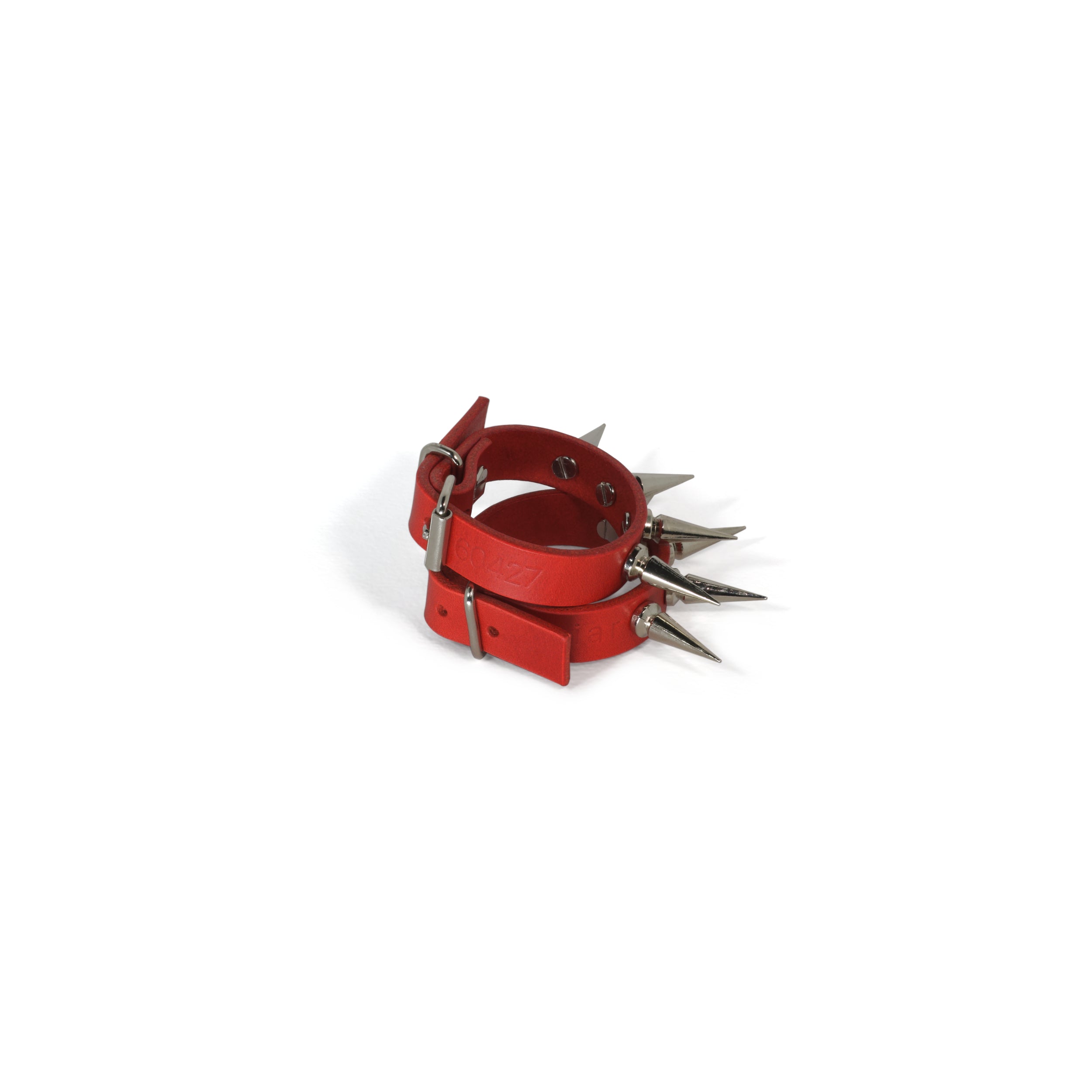 red leather bracelet cuff set with spikes #color_red