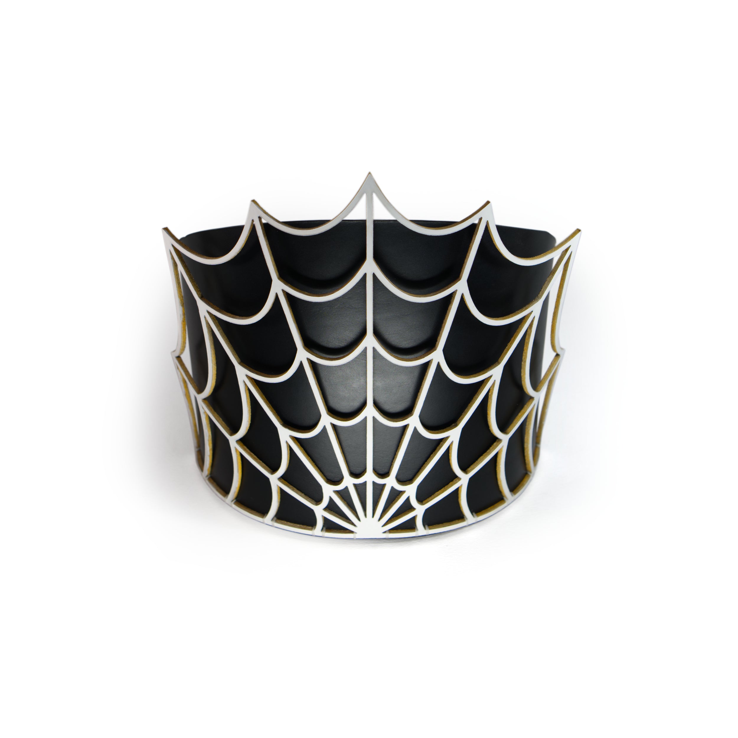 arachne inspired leather corset with lasercut details of spider web