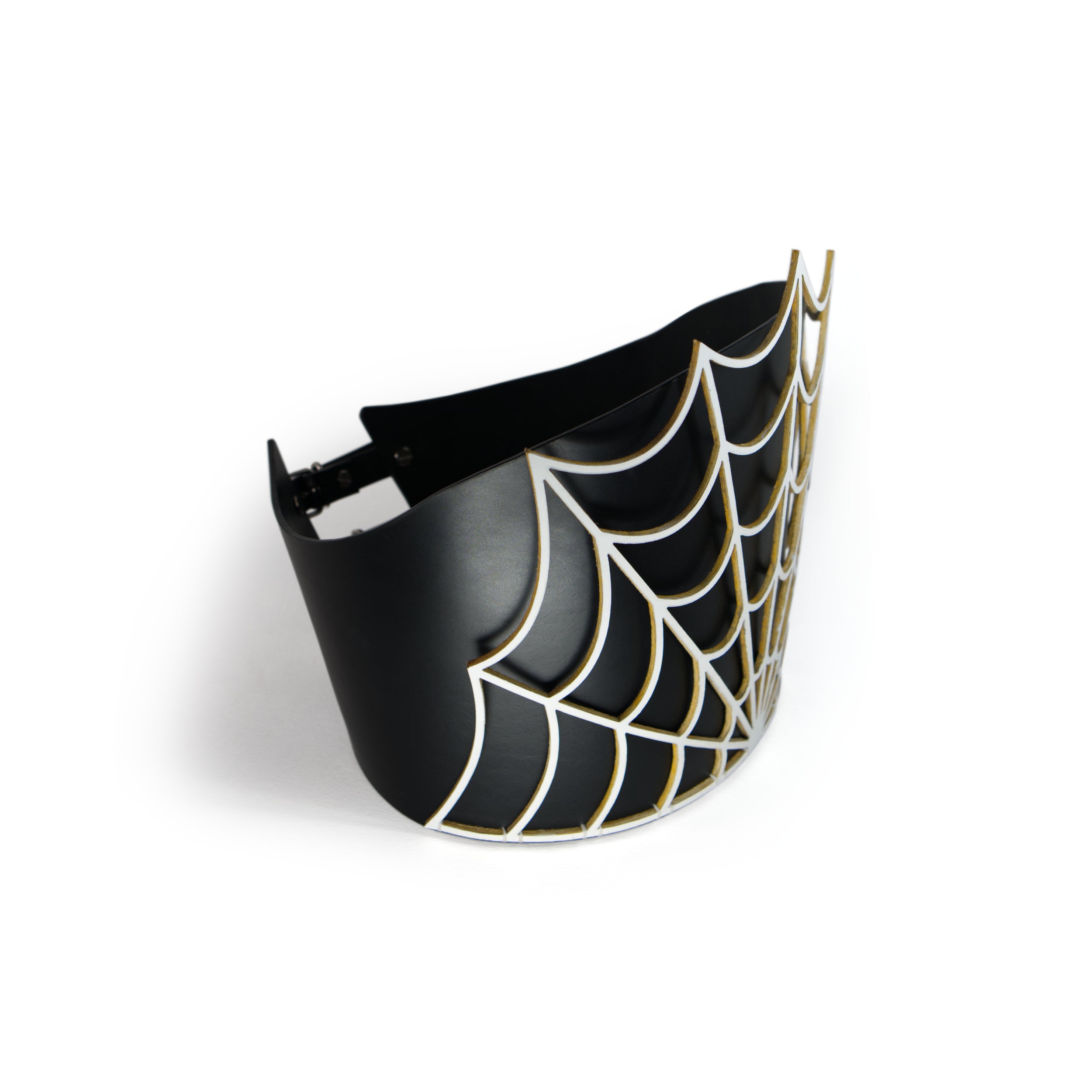 arachne inspired leather corset with lasercut details of spider web