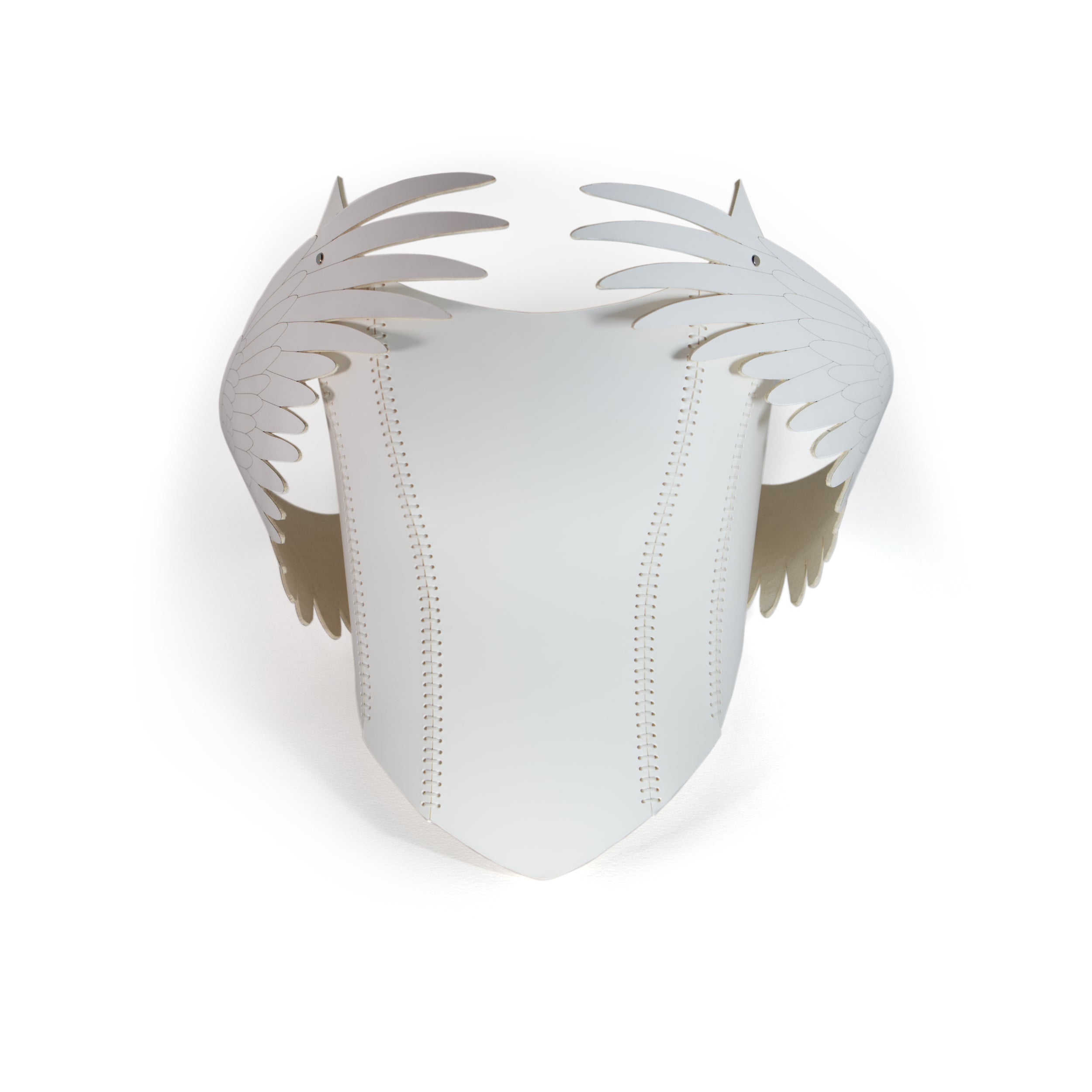 white leather corset inspired by pegasus featuring laserut wings as draping shoulder straps